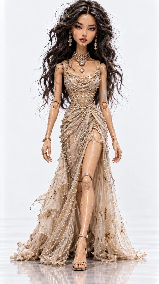A jointed fashion figure on the runway in a beaded gown