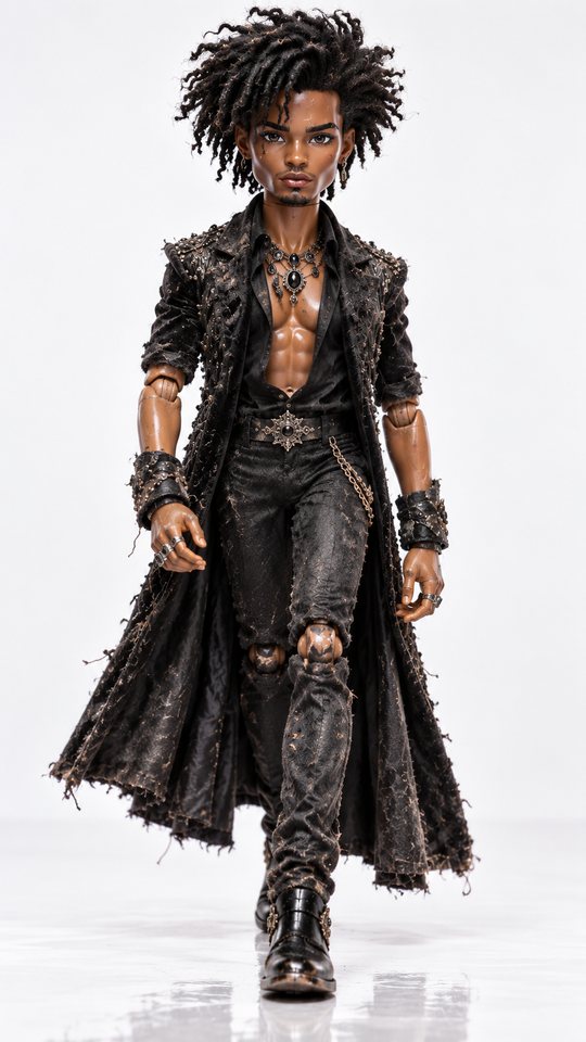 A jointed fashion figure on the runway in a long studded black coat