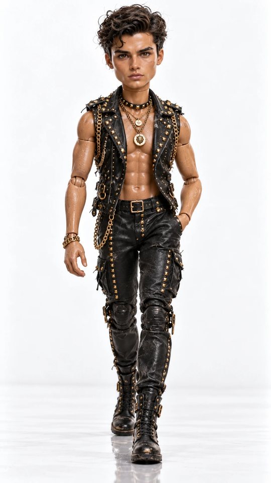 A jointed fashion figure on the runway in a studded leather vest