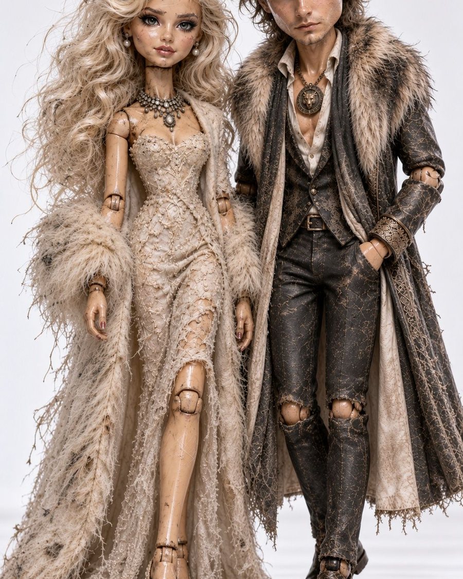 Two jointed fashion figures on the runway in cream and fur